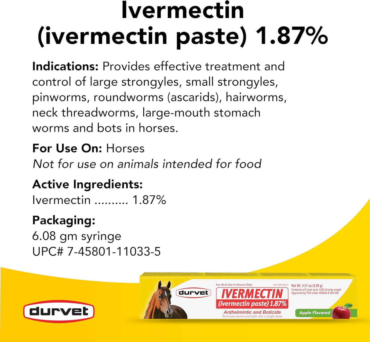 Durvet Ivermectin Horse Wormer Apple Flavor Broad Spectrum Equine Dewormer